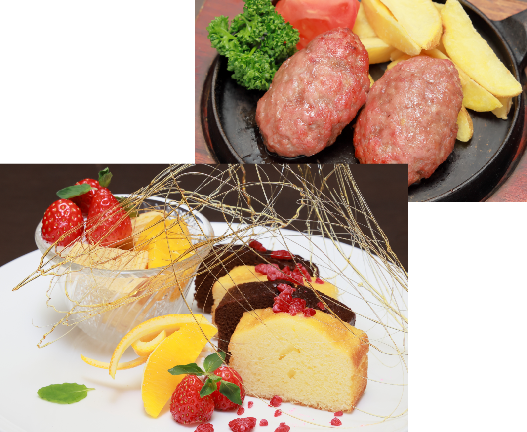 手作りの肉料理やバースデープレートなど、コース料理のイメージ